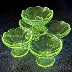 SNT1640 昭和レトロ ウランガラス デザートカップ 5客 大正〜昭和初期