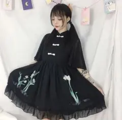 黒い花柄シフォンチャイナドレス　ロリータ