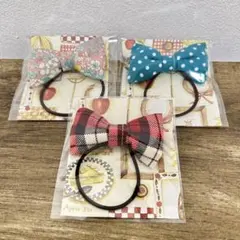 ハンドメイド　リボン型髪ゴム③お花柄、チェック柄、ドットの３点セット
