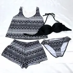 【新品未使用】 水着 4点セット M ビキニ タンキニ 体型カバー 幾何学模様