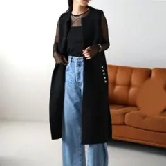 パール　ロングベスト　ロングジレ　ジレ　ジャケット　ノーカラー　大人可愛い　黒