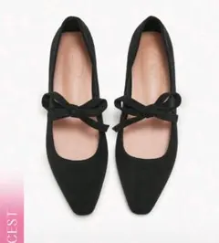 SHEIN　ブラックスエードリボンフラットシューズ