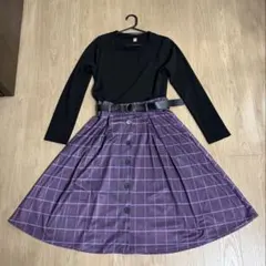 黒長袖・紫チェックひざ丈ワンピース　韓国製　ワンピース　おしゃれ