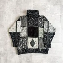 1990's パネルデザイン レザーパイピング タートルネック セーター ニット