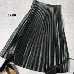 【美品】ZARA ザラ プリーツロングスカート グリーン 光沢　M