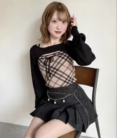 NOMAE チェックリボンショートレイヤードニット ベージュチェックのサムネイル