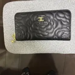 CHANEL シャネル ノベルティ カメリア柄 ファスナー 長財布 ブラック 黒