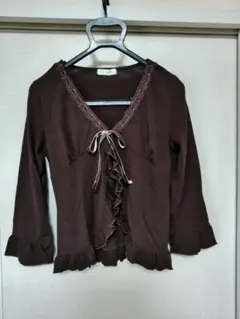 リボンボレロカーディガン カットソー プルオーバー Mサイズ 茶 春 羽織 美品