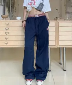 MEMECLE チェックレイヤードパンツ ネイビー