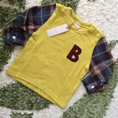 新品★プティマイン袖チェック切り替えプルオーバー90cmカラシ