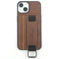 iPhone14 ケース スマホケース カードポケット レザー風 リング 茶