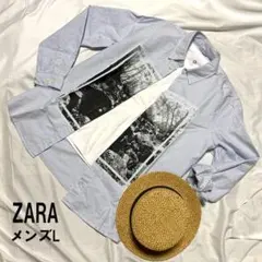 ZARA メンズ L ストライプシャツ 前フォトプリント