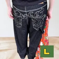 バギーデニム 刺繍 ワイド ジーンズ デニム ブラック Y2K風 L1066