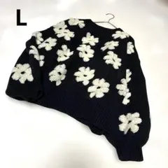 花柄 ニットセーターセーター 長袖 ブラック 黒 厚手 ぽわん袖 L