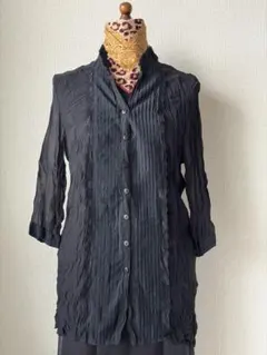 【美品】スタンドカラーシャツ　黒　しわ加工×レース×タック　丈長め　五分袖 　M