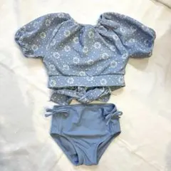 ベビー　水着　セパレート　半袖　リボン　花柄　水色　90