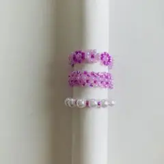 SALE パープルビーズリング３点 ハンドメイド