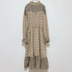 花柄 切替 ロングワンピース ティアード フリル ハイネック ベージュ 春コーデ