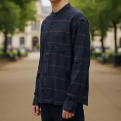 訳あり 無印良品 シャツ M ネイビー チェック バンドカラー 長袖 胸ポケット