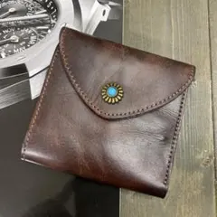 A33■アルゼンチンレザー 本革■スクエアミドル 財布■ターコイズコンチョ■珈琲