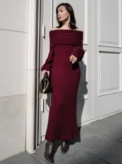 美品★anuans アニュアンス★オフショルナローニットワンピース