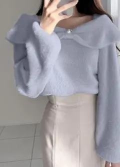 GRL　リボンカラーフェザーニットトップス　ブルー　FREESIZE