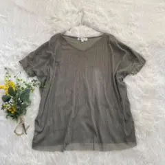 MICHEL KLEIN サイズ38カーキストライプ Vネック 透け感オシャレ