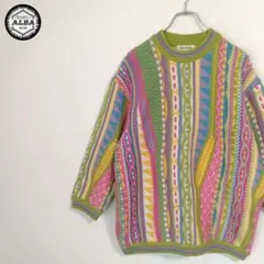 3Dニット　セーター　立体編み　COOGI風　カラフル　緑　グリーン　七分袖　M