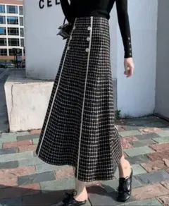 黒と白のチェック柄 フレアロングスカート　サイズM