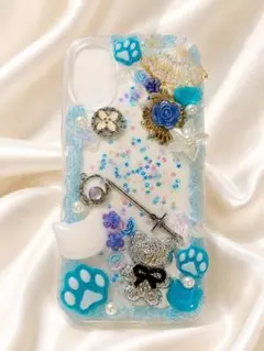 ※訳あり品【iPhone17】ハンドメイド デコレーション スマホケース ブルー