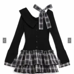 GRL チェック柄ドッキングワンショルダーリボンフリルニットワンピース　Sサイズ