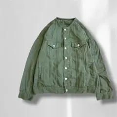 ノーカラージャケット カーキ ボタン留め ポケット付 コットン a3525