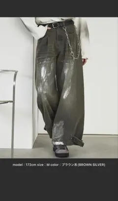 Spielio ヴィンテージライク箔プリントワイドデニムパンツ　Mサイズ