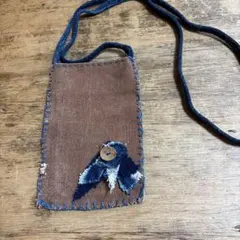 古布　スマホポシェット　酒袋　柿渋染　藍染　絣　襤褸　　ハンドメイド
