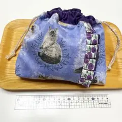 【手描き絵生地】長毛猫柄　ブルー　ハンドメイド巾着袋