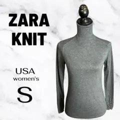 【ZARA KNIT】タートルネックリブニット　薄手　金ボタン　グレー　S