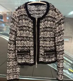 【ルーニィ】ノーカラーツイードジャケット ブラック・ホワイト　LOUNIE