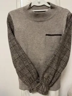 チェック柄袖 ニットセーター 長袖 ブラウン