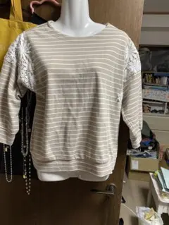 レース付きベージュストライプカットソー Mサイズ