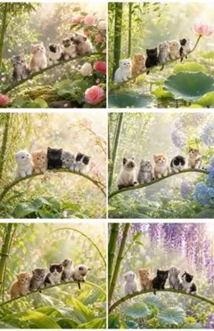 5292 にゃん福屋　パネル生地　花咲く枝に集う子猫たち