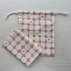 生成色水玉 花 蝶々 巾着袋とランチマットセット