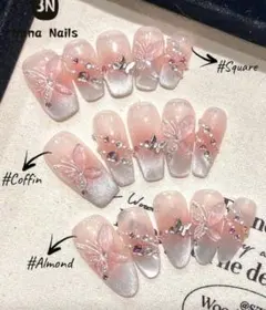 蝶とストーン装飾 ネイルチップ