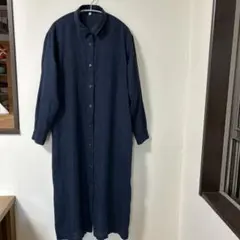 無印　ネイビー 麻ロングシャツワンピース 長袖