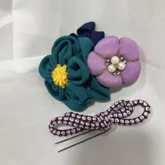 成人式　着物　髪飾り　つまみ細工　紫　グリーン　ブルー　Watuu 和つう