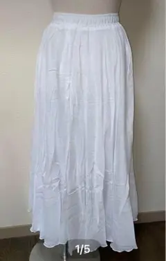 新品　ホワイト フレア　ロング　スカート　ウエストゴム　シンプル　無地