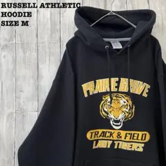 アメリカ古着　ラッセルアスレチック　プリントスエットパーカー　サイズM黒ブラック