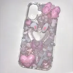 iPhone16ケース デコ電 ピンク 白 量産型 キラキラ ホビ
