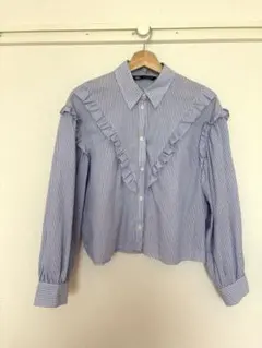 【美品】ZARA ストライプ フリル 長袖シャツ