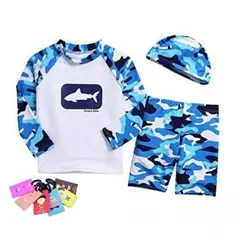 キッズ 長袖 ラッシュガード 上下セット + 帽子 3点セット (ブルー,XL)