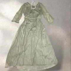 カーキ レース オケージョンワンピース LL 体型カバー シアー 結婚式 二次会